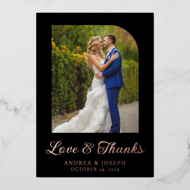 Elegantes Black & Rose Gold Foto Hochzeit Folieneinladung (Vorderseite)