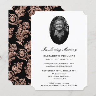 Elegantes Black Rose Gold Foto Memorial Einladung