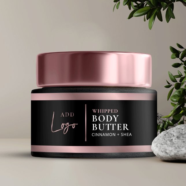 Elegantes Black & Rose Gold Logo Cosmetic Jar Labe Wasserflaschenetikett (Black and faux rose gold skincare jar packaging labels with space for your logo & product details)
