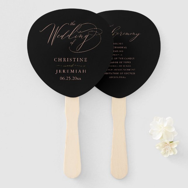 Elegantes Black Rose Gold Script-Hochzeitsprogramm Fächer (Vorne und Hinten)