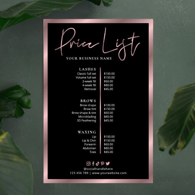 Elegantes Black & Rose Gold Services Preisplakat Poster (Black and rose gold price list menu for small business)