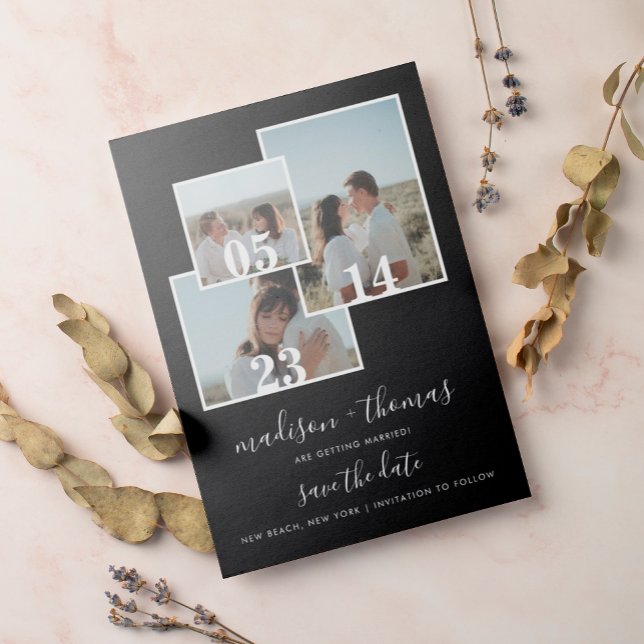 Elegantes Black Script 3 Foto Hochzeit speichern d Magneteinladung (Von Creator hochgeladen)
