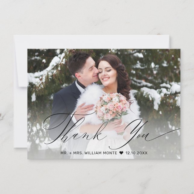 Elegantes Black Script Calligrafy Foto Hochzeit Dankeskarte (Vorderseite)