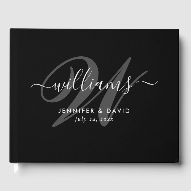 Elegantes Black Script Monogram Wedding Guest Book Gästebuch (Vorderseite)