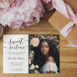 Elegantes Black Script Sweet 16 Geburtstags-Foto Einladung
