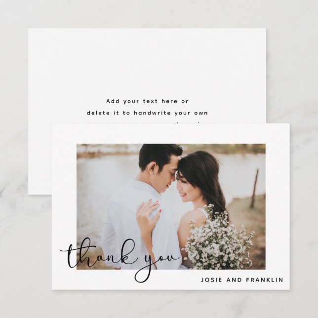 Elegantes Black Script Wedding Foto Danke Karte (Vorne/Hinten)