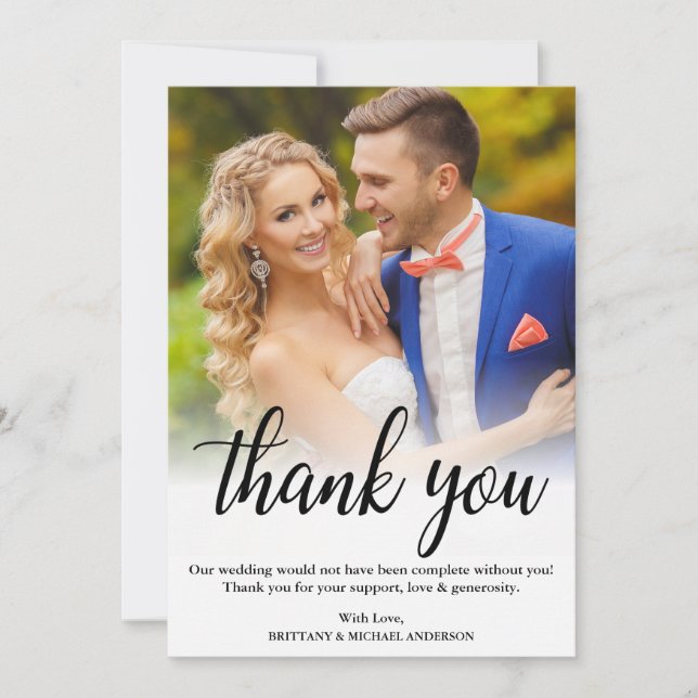 Elegantes Black Script Wedding Foto Danke Karte (Vorderseite)