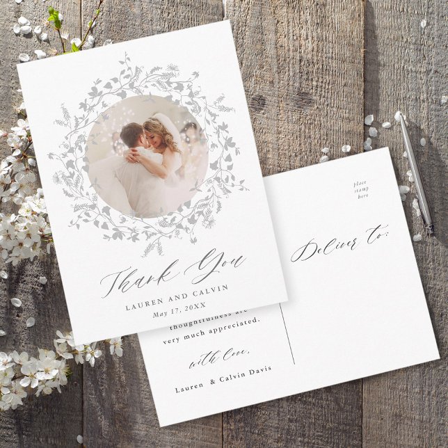 Elegantes Black Script Wedding Foto Vielen Dank Postkarte (Front & Back)