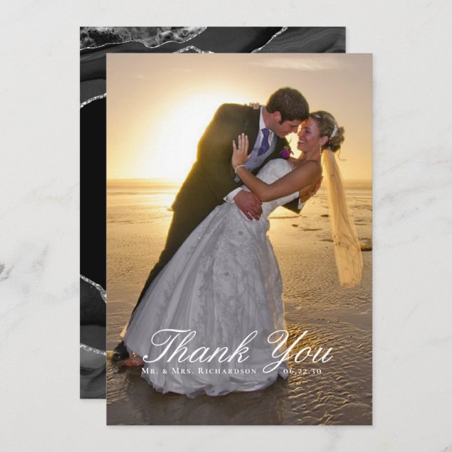 Elegantes Black Silver Foil Agate Wedding Foto Dankeskarte (Vorne/Hinten)