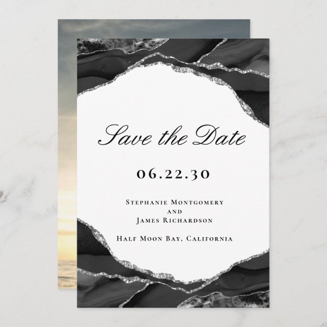 Elegantes Black Silver Foil Agate Wedding Foto Save The Date (Vorne/Hinten)