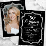 Elegantes Black Silver Foto 50. Geburtstag Einladung<br><div class="desc">Elegante Einladung zum 50. Geburtstag mit Ihrem Foto auf der Kartenrückseite. Glam schwarzes Design mit Imitaten Glitzer Silber. Enthält Skript-Schriftart und Konfetti. Ideal für ein stilvolles Party für Erwachsene. Personalisieren Sie Ihre persönlichen Daten. Kann für jedes Alter angepasst werden! Gedruckte Zazzle Einladungen oder Sofortdownload digitalen druckbaren Vorlage.</div>