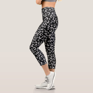 Elegantes Black Silver Glitzer Leopard Muster Capri Leggings