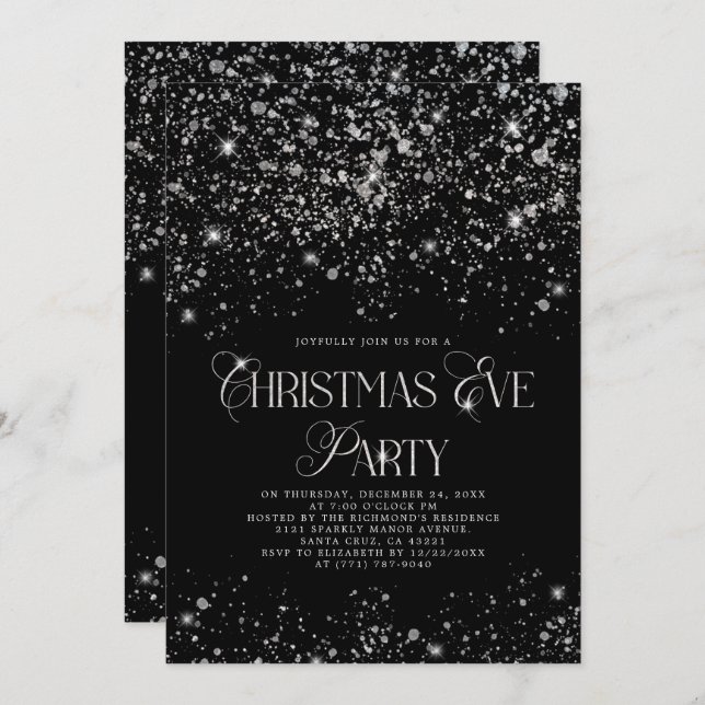 Elegantes Black Silver Glitzer Weihnachts-Party Einladung (Vorne/Hinten)