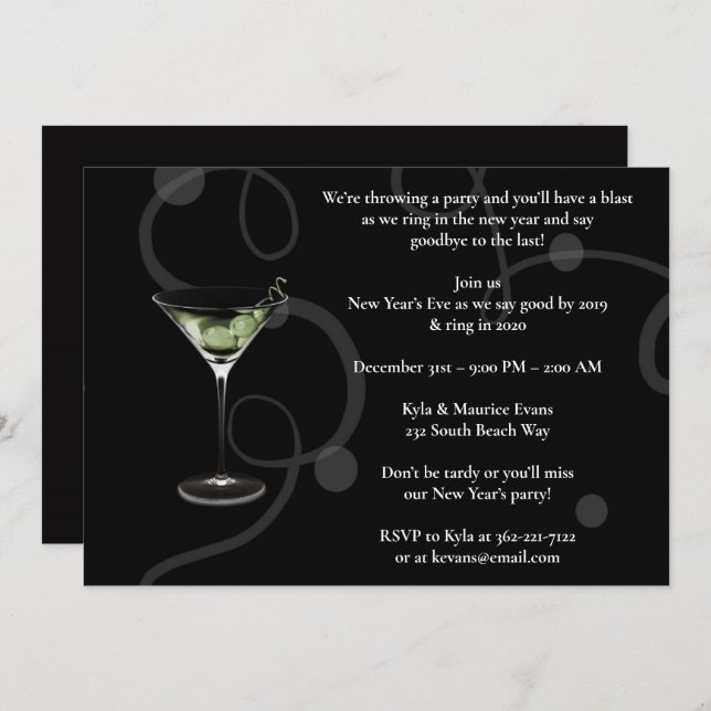 Elegantes Black Silvester Party Einladung (Vorne/Hinten)