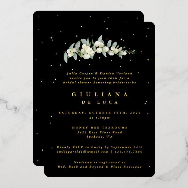 Elegantes Black Snowberry+Eukalyptus Brautparty Folieneinladung (Vorderseite/Rückseite)