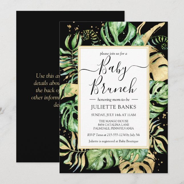 Elegantes Black Tropical Foliage Baby Shower Brunc Einladung (Vorne/Hinten)