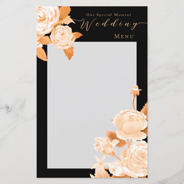 Elegantes Black Wedding Menü der Gold Rose (Vorderseite)