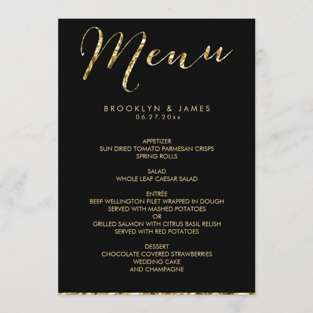 Elegantes Black Wedding Menü mit Goldenen Foil Menükarte (Vorderseite)
