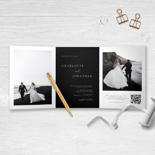Elegantes Black Wedding RSVP Details QR Code Foto Dreifach Gefaltete Einladung