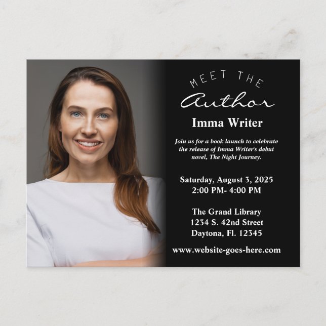 Elegantes Black & White Book Launch Foto Einladung Postkarte (Vorderseite)