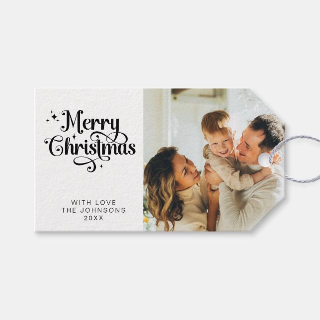 Elegantes Black & White Frohe Weihnachtsfamilien F Geschenkanhänger (Vorderseite (Horizontal))