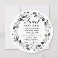 Elegantes Black & White Leaf Kranz Sweet 16 Einlad