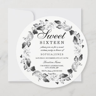 Elegantes Black & White Leaf Kranz Sweet 16 Einlad Einladung