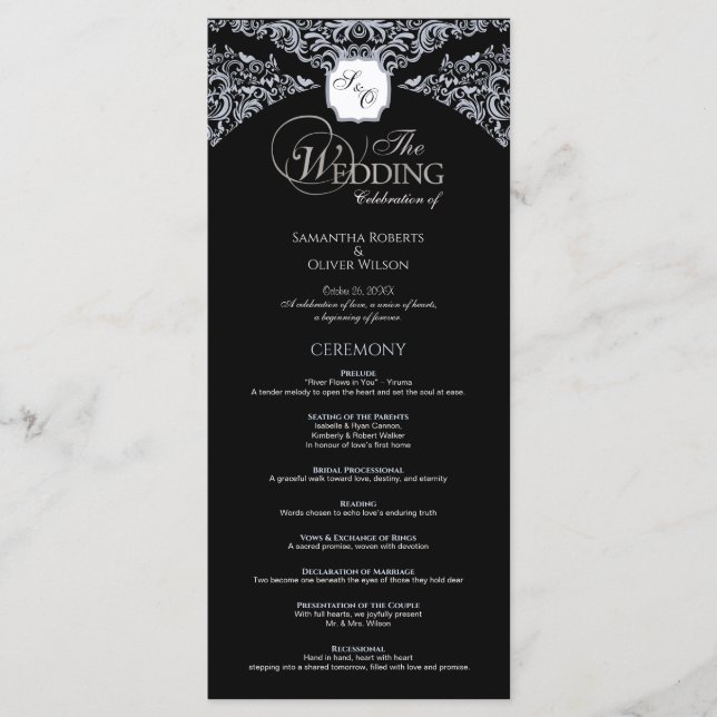 Elegantes Black & White Monogram Wedding Program Programm (Vorderseite)