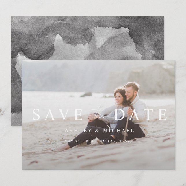 Elegantes Black & White Overlay Foto Hochzeit Save The Date (Vorne/Hinten)