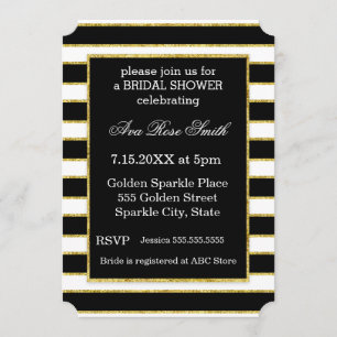 Elegantes Black+White Stripe & Gold Brautparty Einladung