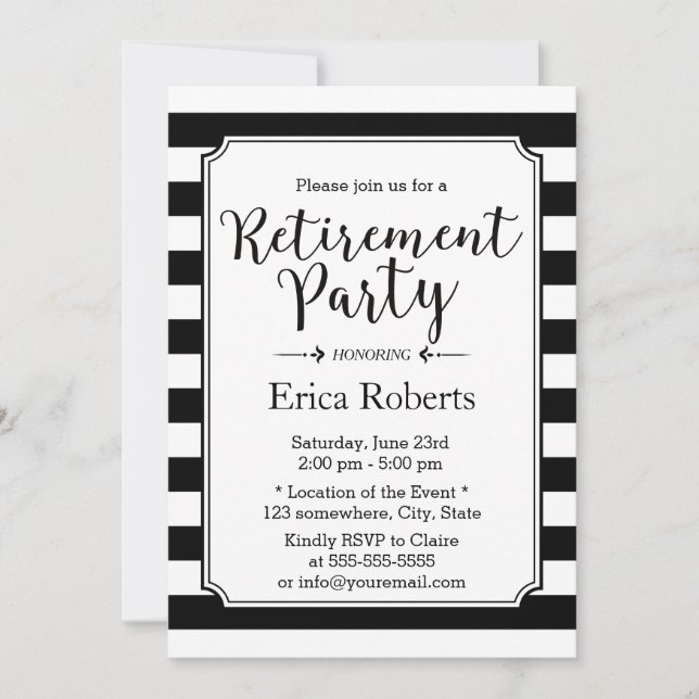 Elegantes Black & White Stripes Retirement Party Einladung (Vorderseite)