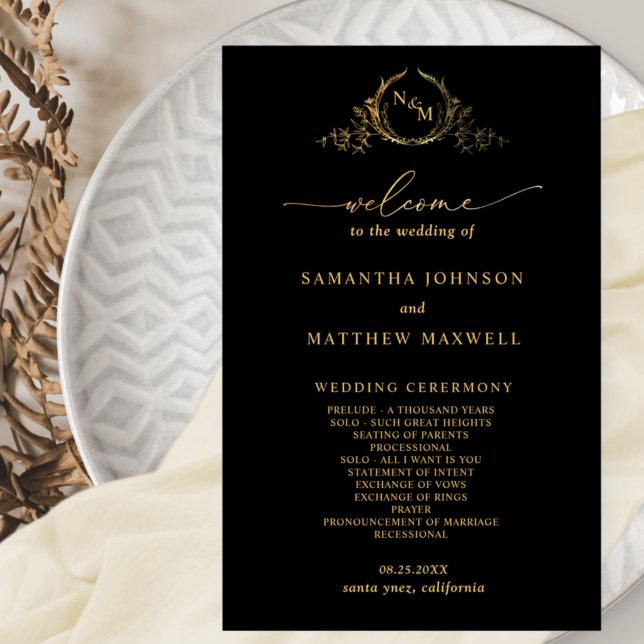 Elegantes Black with Gold Monogram Wedding Program (Von Creator hochgeladen)