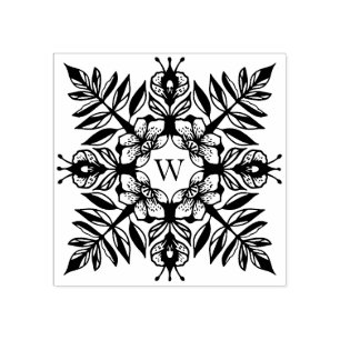 Elegantes Blatt-Laub-Schneeflocke-Muster-Monogramm Gummistempel