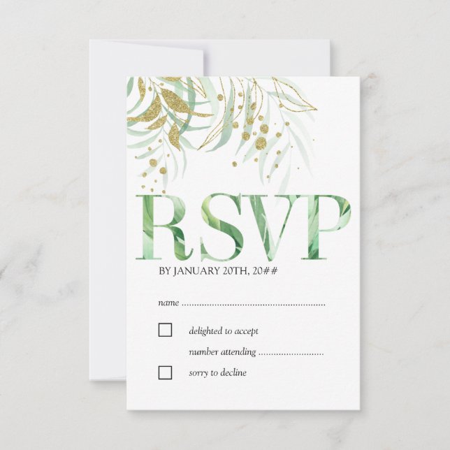 Elegantes Blätter in Aquarellblättern und Gold RSVP Karte (Vorderseite)