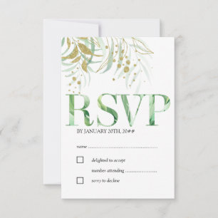 Elegantes Blätter in Aquarellblättern und Gold RSVP Karte
