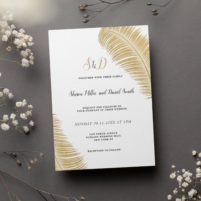 Elegantes Blätter mit tropischem Gold und Weiß Einladung (Elegant tropical white and gold leaves wedding)