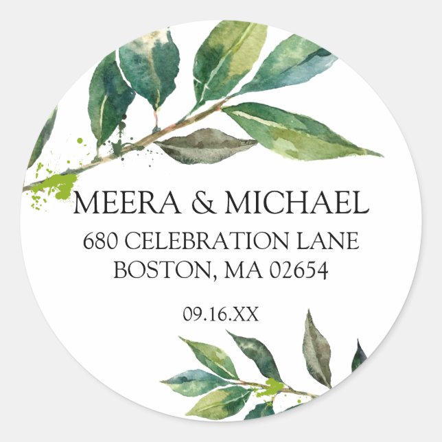 Elegantes Blätter Rücksendeadresse Hochzeit Runder Aufkleber (Vorderseite)