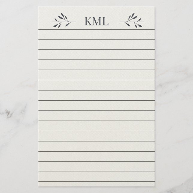 Elegantes Blattmonogramm personalisiert liniert Briefpapier (Vorderseite)
