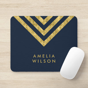 Elegantes Blau Faux-Gold-Name Chevron Geometrisch Mousepad