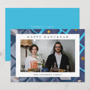 Elegantes Blau Frohes Chanukka Familie 1 Foto Feiertagskarte