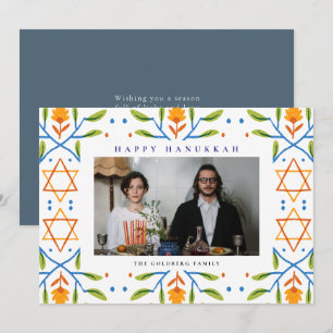 Elegantes Blau Frohes Chanukka Familie 1 Foto Feiertagskarte