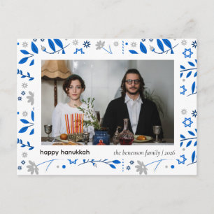 Elegantes Blau Frohes Chanukka Familien 1 Foto Feiertagspostkarte