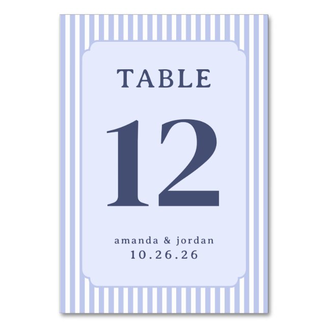 Elegantes blau gestreiftes Tischschild Tischnummer (Vorderseite)