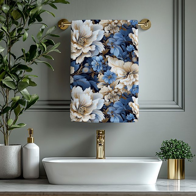 Elegantes blau-goldenes Blumenbadetuch Badhandtuch Set (Elegant Blue and Gold Floral Bath Towel)