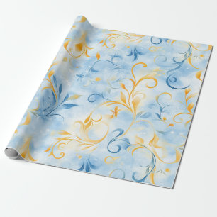 Elegantes blau-goldenes Paisley-inspiriertes Blatt Geschenkpapier