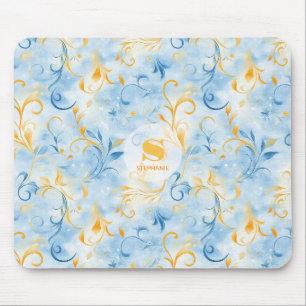 Elegantes blau-goldenes Paisley-inspiriertes Blatt Mousepad