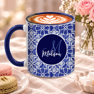 Elegantes Blau-Grau-Initial-Monogramm-Geschenk Tasse