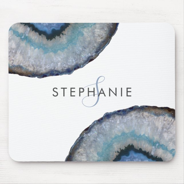 Elegantes blau-graues Achat-Geoden-Monogramm Mousepad (Vorne)