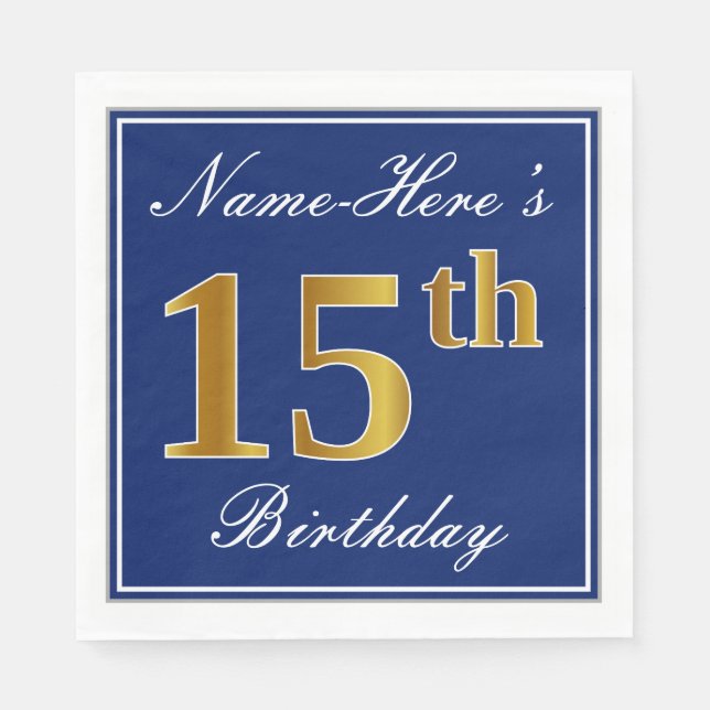 Elegantes Blau, Imitate Gold 15. Geburtstag; Indiv Serviette (Vorderseite)