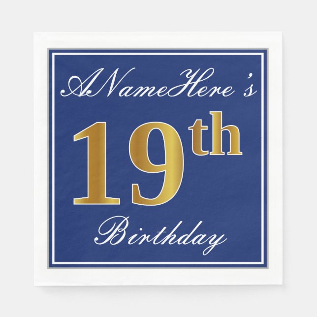 Elegantes Blau, Imitate Gold 19. Geburtstag; Indiv Serviette (Vorderseite)